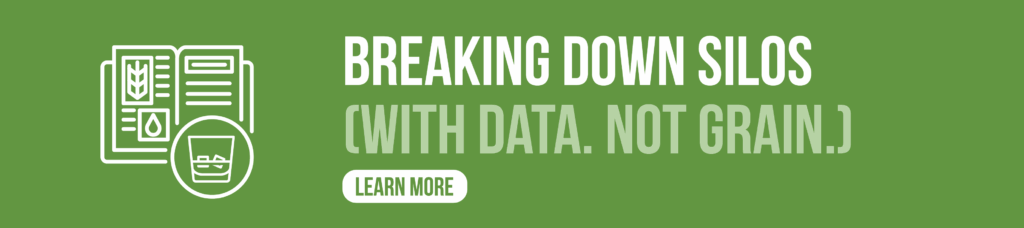 A graphic that says breaking down silos, with data, not grain. Don't rely on DIY distillery software. Get purpose-built distillery ERP. 