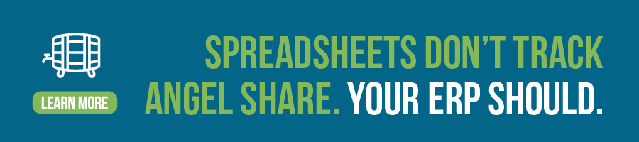 A graphic for a distillery barrel management blog that says "Spreadsheets don't track angel share. Your ERP should."