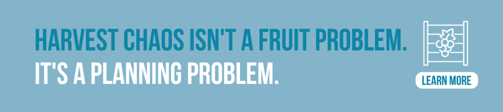 A graphic about winery ERP harvest planning that says: HARVEST CHAOS ISN'T A Fruit PROBLEM. IT'S A PLANNING PROBLEM.