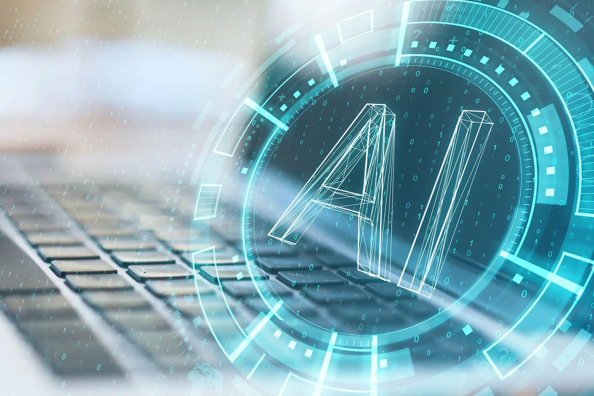 An image depicting AI in ERP with AI text overlayed on top of a laptop keyboard