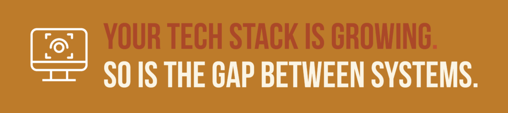 A graphic in a blog about brewery software integration traps. It says "Your tech stack is growing. So is the gap between systems." Click to learn more. 