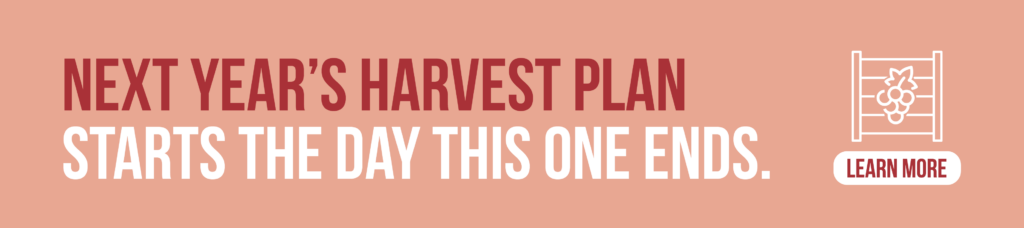 A graphic about post-harvest winery operations that says: Next year's harvest plan starts the day this one ends. Click to learn about Crafted ERP Winery Software. 